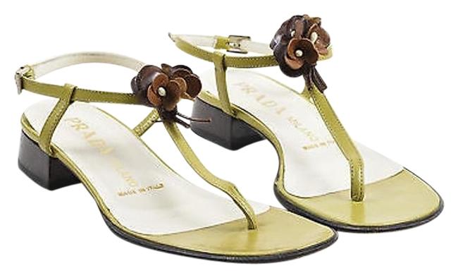 Prada Green Brown Leather Flower Thong Sandals
