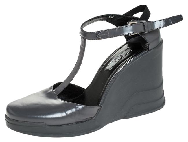 Prada Grey Leather T Strap Carved Rubber Wedge Sandals