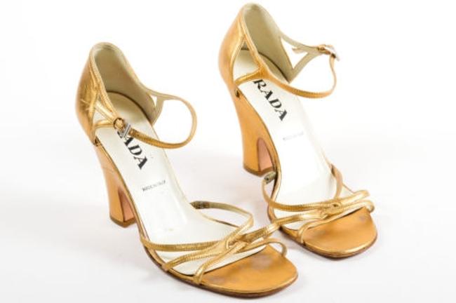 Prada Metallic Gold Leather Strappy Chunky Heel Sandals