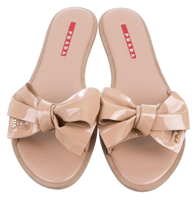 Prada Nude Patent Leather Bow Slide In 375 Sandals