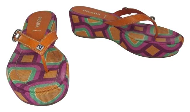 Prada Orange LeatherMetal Logo Sz: M Wedge Sandals