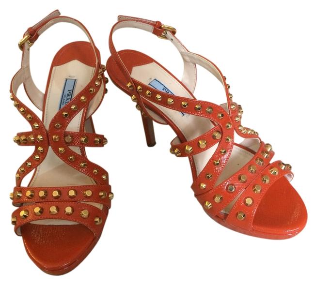 Prada Orange Studded Saffiano Leather Sandals