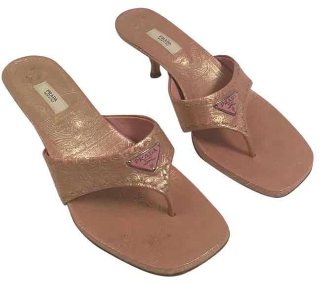 Prada Pink and Gold Kitten Heel Thong Sandals