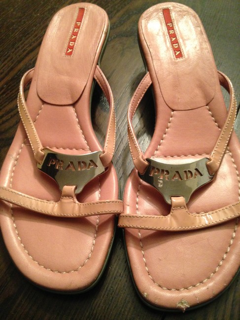 Prada Pink and Silver Patent Leather Slide Sandals