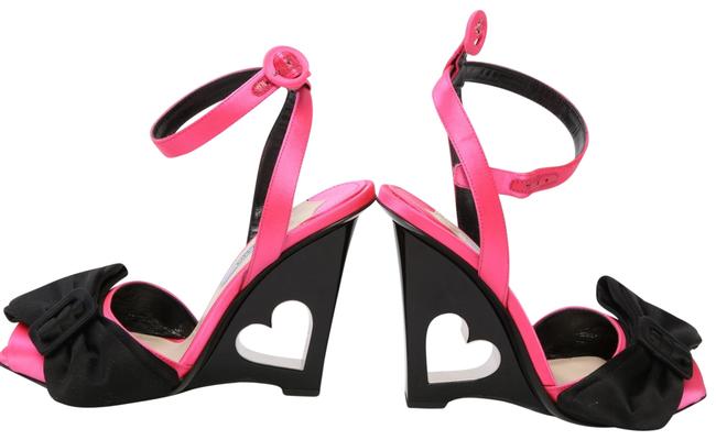 Prada Pink Black Heart Cut Out Bow Wedge Sandals