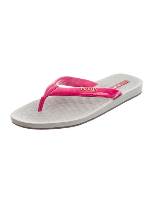Prada Pink Gray New Patent Logo Flip Flop Sandals