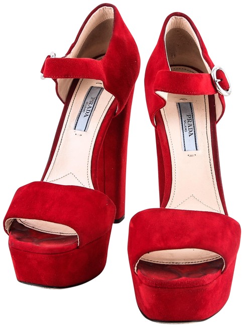 Prada Red Ankle Strap Platforms Sandals