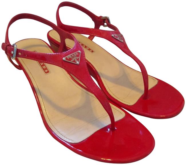 Prada Red Leather Low Wedge Sandals