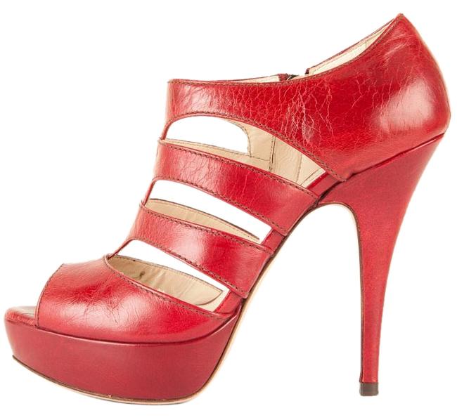 Prada Red Leather Strappy Peep Toe Booties Sandals