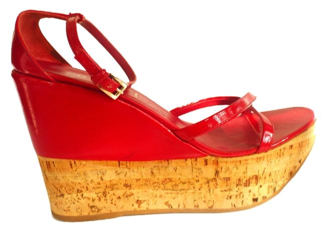 Prada Red Wedge Cork Platform Patent Leather Sandals