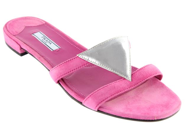 Prada Pink Triangle Suede Slide Sandals