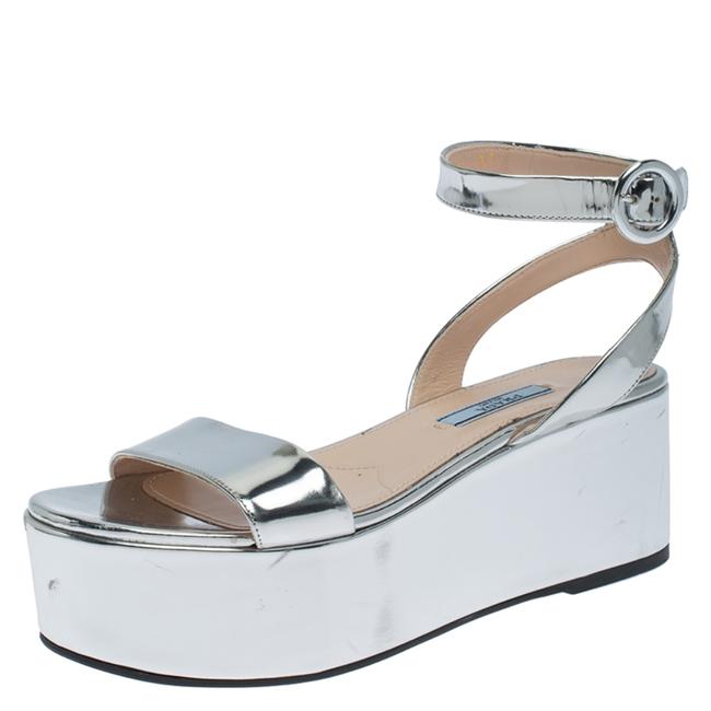 Prada Silver Leather Ankle Strap Platform Sandals