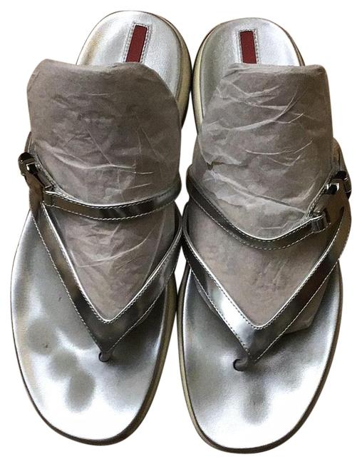 Prada Silver Short Buckle Thong Sandals
