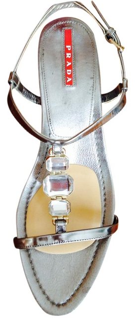 Prada Silver T Strap Jeweled Sandals