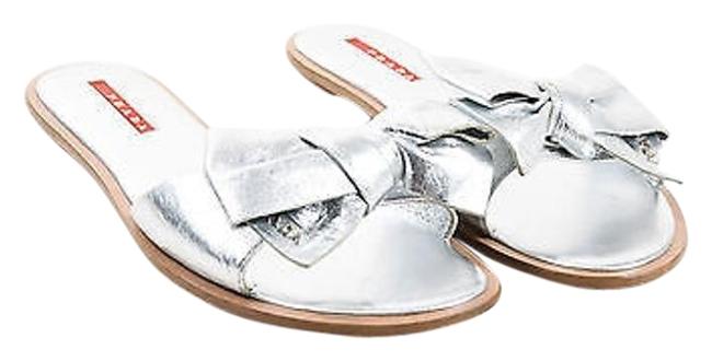 Prada Sport Metallic Silver Leather Bow Strap Flat Slide Sandals 385