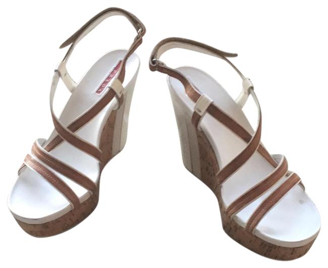Prada Tan and White Wedge Sandals