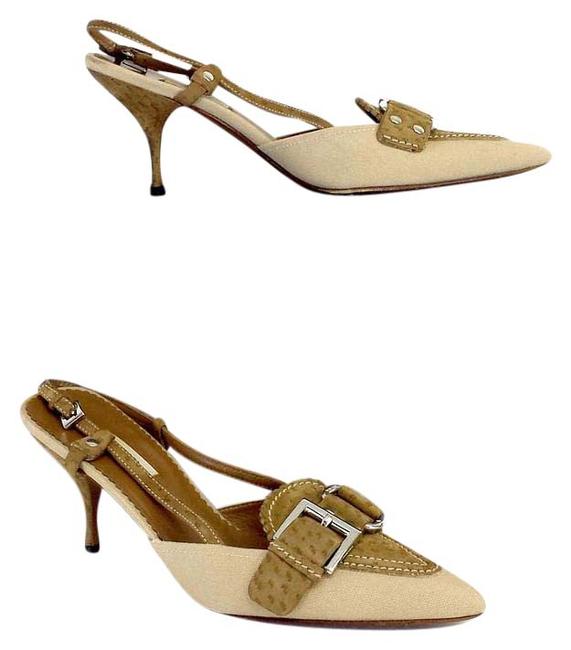 Prada Tan CanvasLeather Buckle Slingback Heels Sandals
