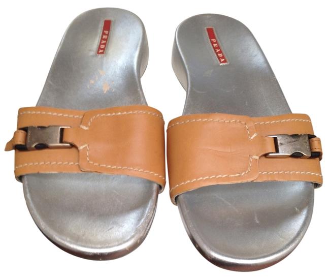 Prada Tan Leather Silver Sole Slip On Sandals