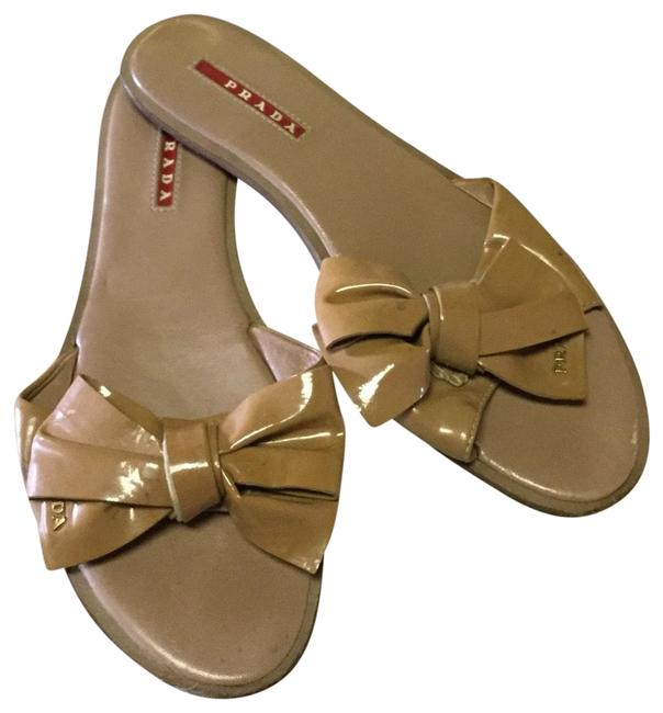 Prada Tan Patent Leather Bow Slide Sandals