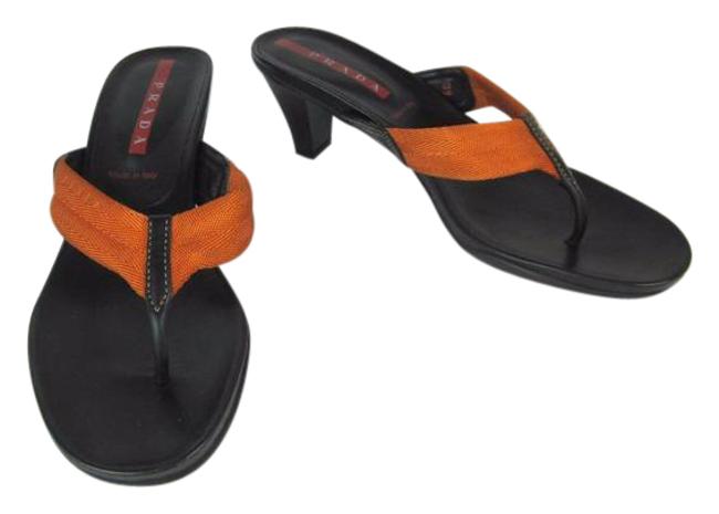 Prada Tangerine Black Leather Logo Sz: M HeelsSandals