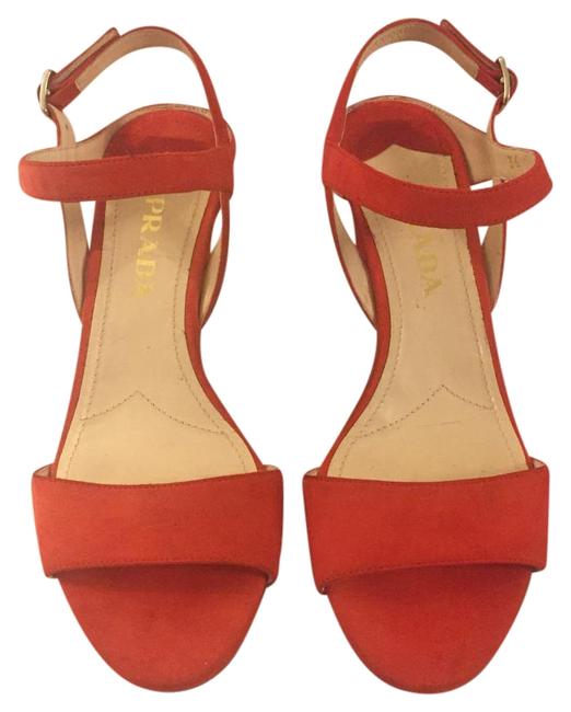 Prada Tangerine Red Suede Wedge Sandals