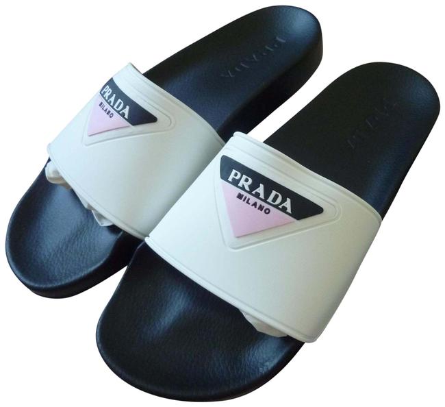 Prada White Ladies Triangle Logo Rubber Pool Sandals