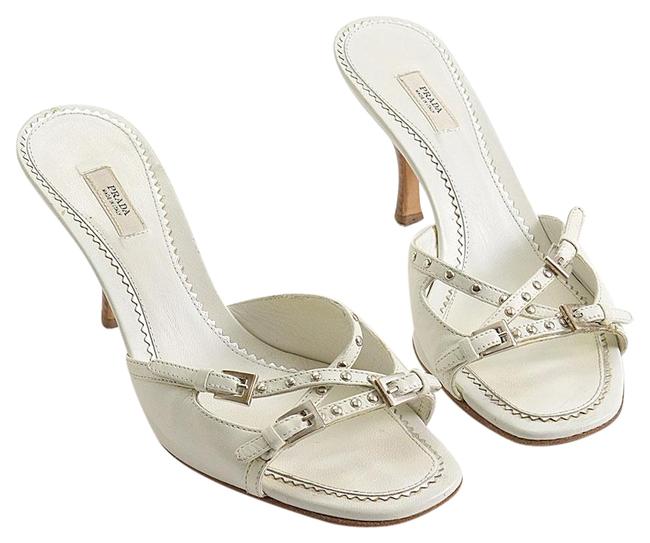 Prada White Rdc10309 Leather Studded Slip On Sandals