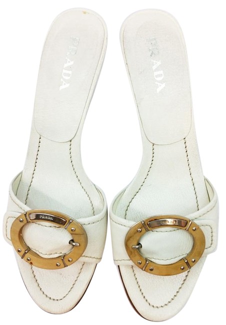 Prada Wooden Buckle White Leather 385 Sandals