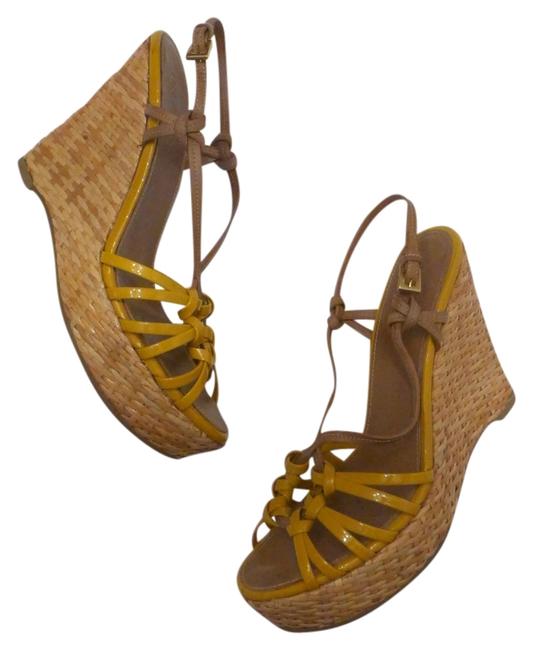 Prada YellowTan Basket Weave Platform Wedge Sandals