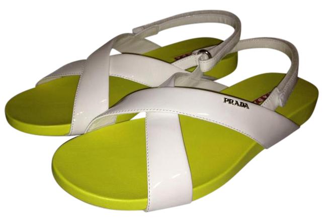 Prada YellowWhite Two Tone Patent Leather Criss Cross Flat Sandals