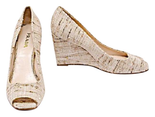 Prada Beige Brown Tweed Fabric Open Toe 3 Wedges