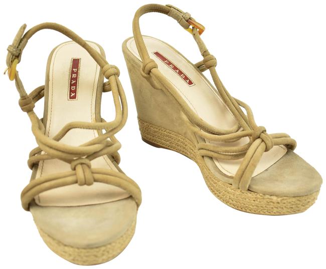 Prada Beige LeatherEspadrille SandalsHeels Wedges