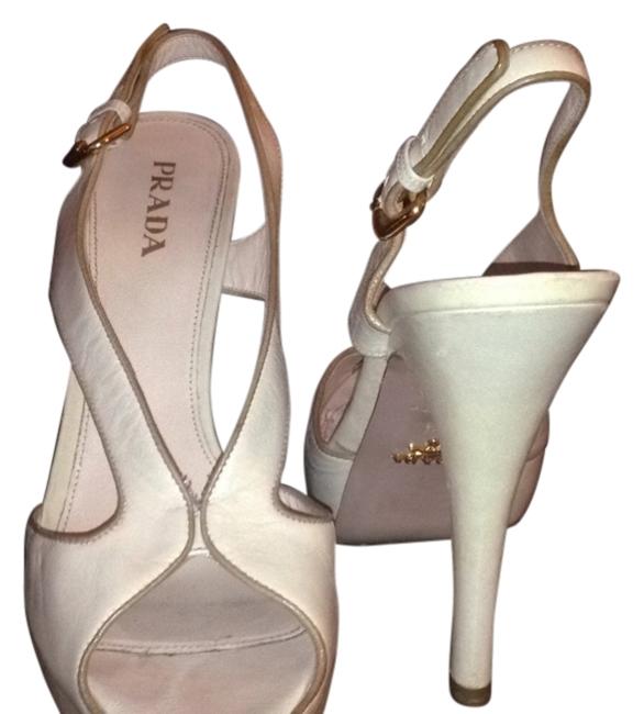 Prada Beige Sole Pink Gold Buckles Platforms Narrow