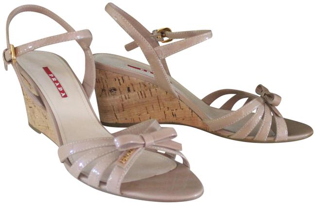 Prada Beige Strappy Patent Sandal Wedges