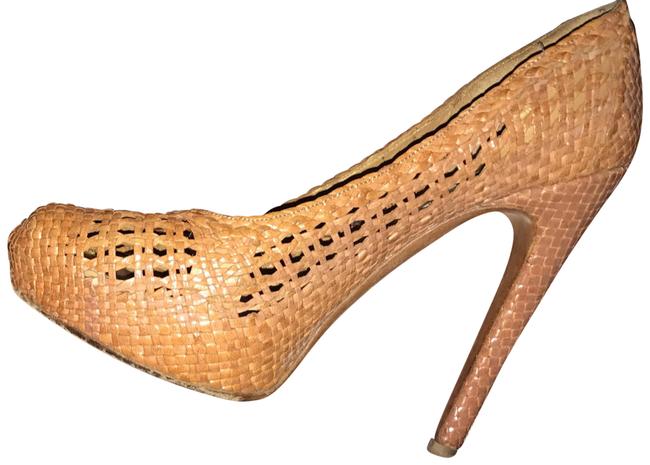 Prada Beige Tan Woven Leather Heel Pump Platforms