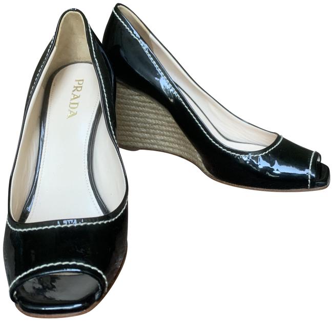 Prada Bkack Open Toe Pumps Wedges