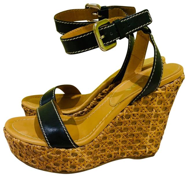Prada Black Ankle Strap Leather Woven Sandals Wedges
