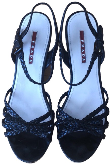 Prada Black Braided Leather Braided Espadrille Wedges