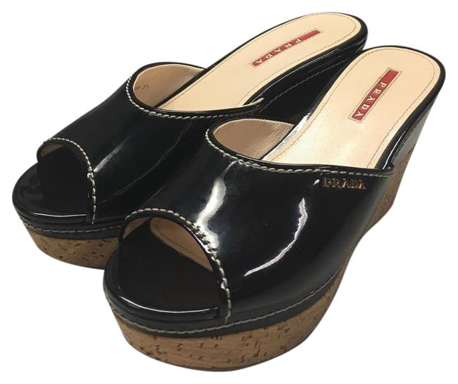 Prada Black CorkPatent Wedges
