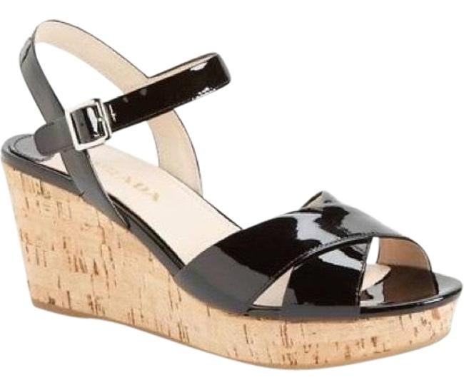 Prada Black Criss Cross Patent Cork Sandals 365 Wedges
