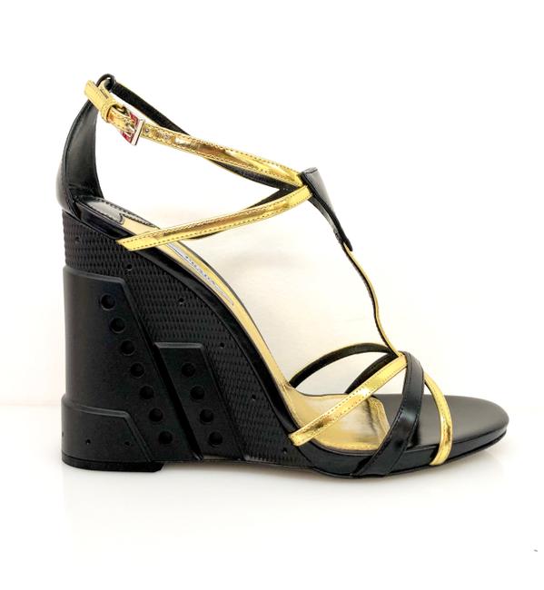 Prada Black Gold Patent Leather Wedges