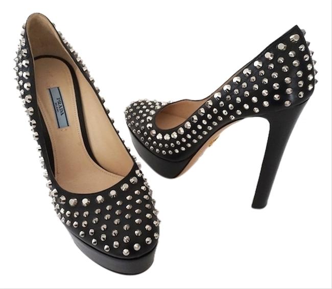 Prada Black Milano Leather Studded Stiletto Platforms