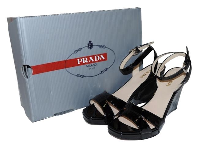 Prada Black New Patent Leather Strap Sandal 385 Wedges