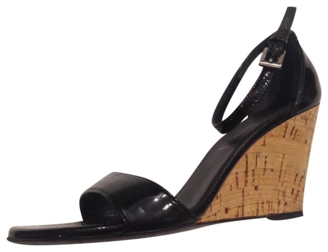 Prada Black Open Toe Leather and Cork Wedges Wide