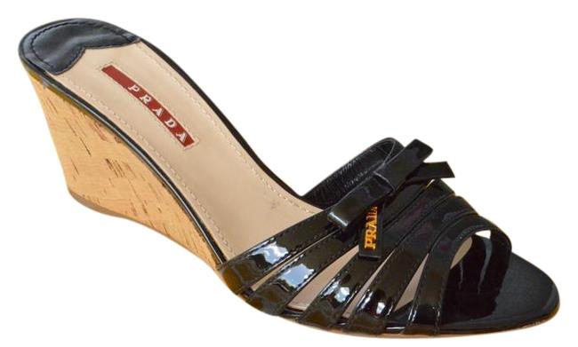 Prada Black Patent Leather Cork Heels Wedges