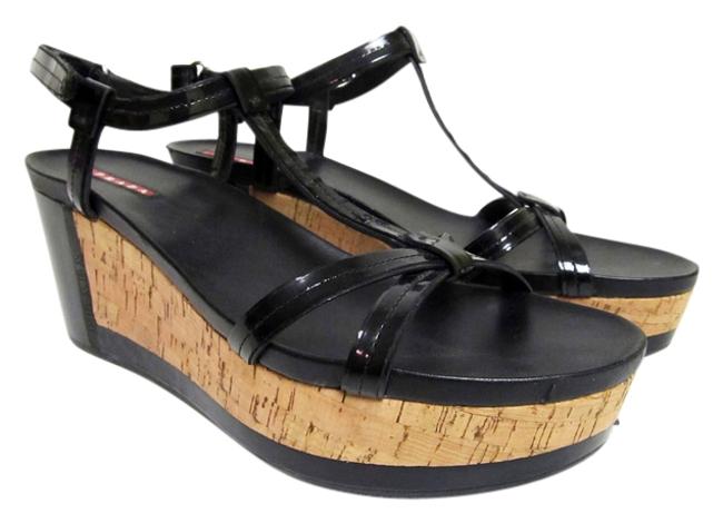 Prada Black Patent Leather Cork Wedges