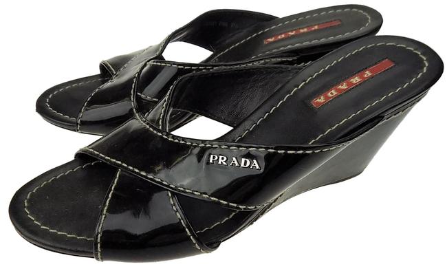 Prada Black Patent Leather Leather 4 Inch Sandal Wedges