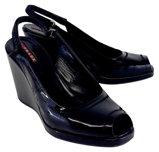 Prada Black Patent Leather Peep Wedges
