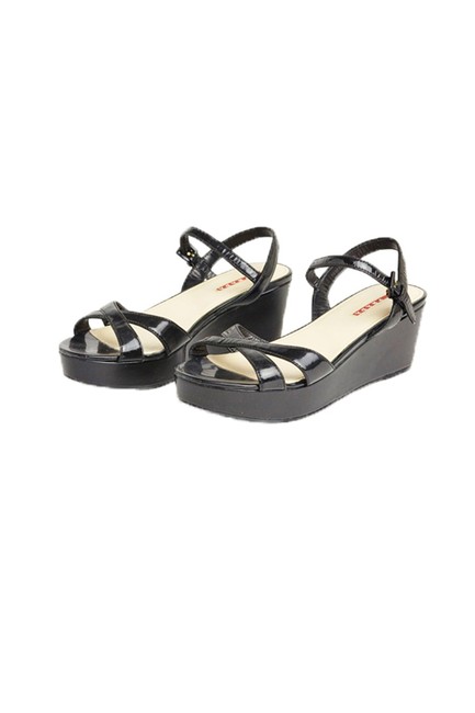Prada Black Patent Leather Sandals 939 2348 Platforms