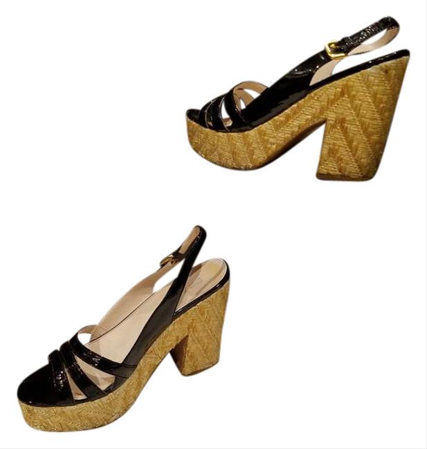 Prada Black Patent Leather with Wicker Wedges